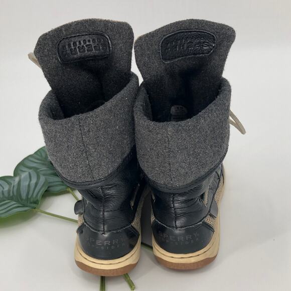 Sperry Black Gray Cream Leather Lace-Up Fold Over Wool Lined Acklin Boots Shoes - Picture 4 of 10